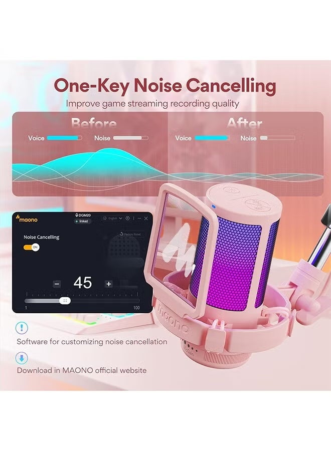 ماونو ميكروفون USB للألعاب من MAONO مع خاصية إلغاء الضوضاء، ميكروفون بث مباشر لأجهزة الكمبيوتر الشخصية وأجهزة MAC وPS4 وPS5، مجموعة شاملة مع كتم الصوت، وشاشة للتسجيل، والبودكاست، وتويتش، ويوتيوب، وديسكورد، DGM20S باللون الوردي - Image 2